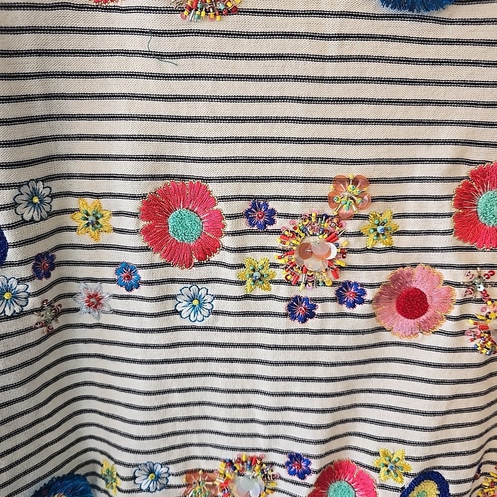 Talbots Women's L Striped 3/4 Sleeve Floral Embroidered Beads Boho Hippie Shirt - Picture 4 of 16